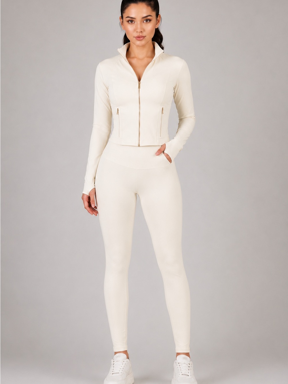 Yoga Brown High-Waist Leggings with Zip-Front Jacket Set - Picture 2 of 6
